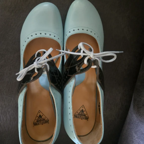 John Fluevog Bellevue Mollie Johnson Lace Up Aqua and Black Heels - Picture 6 of 7